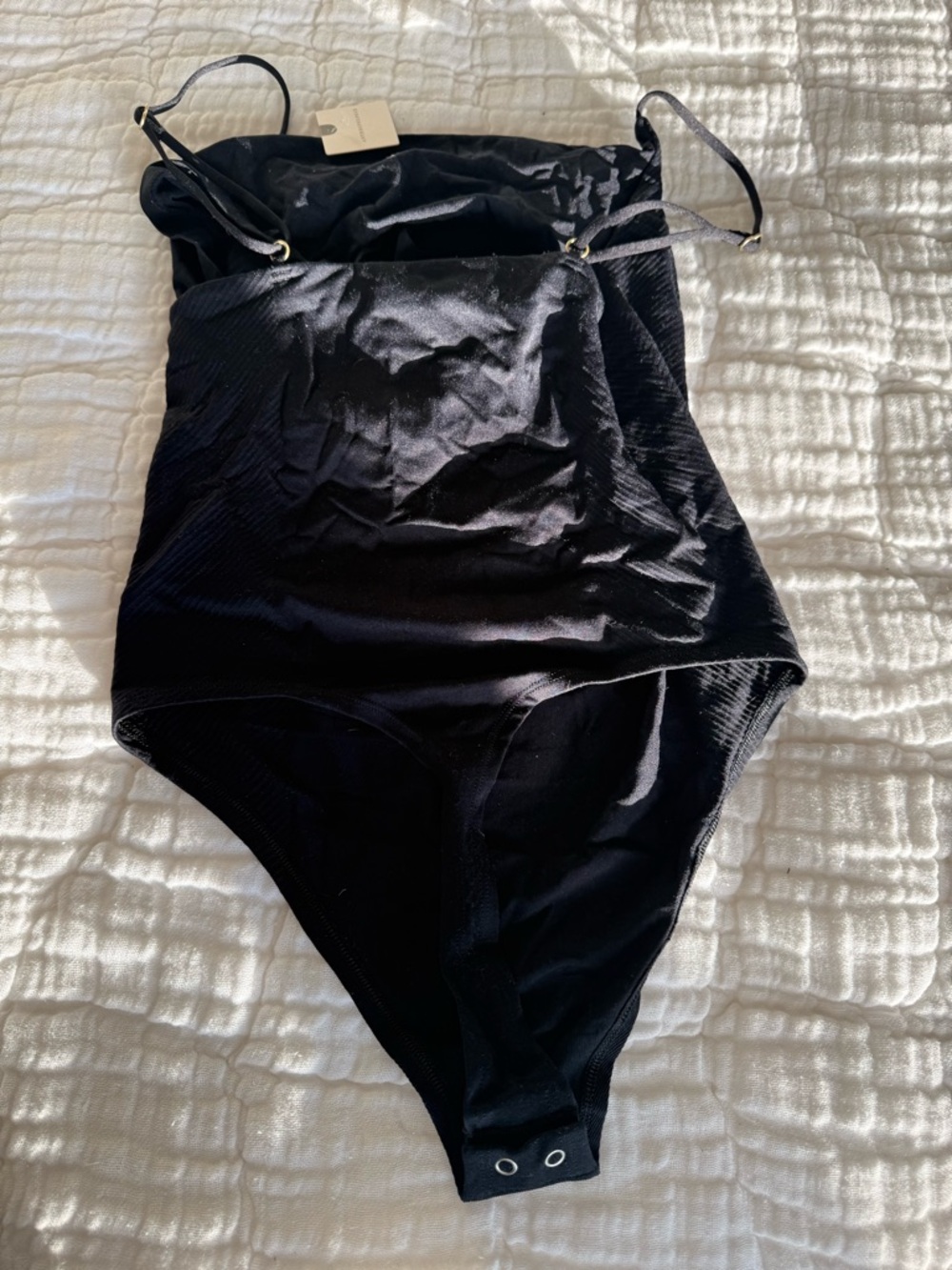 Anthropologie Black Ribbed Spaghetti-Strap Bodysuit with Gold Hardware